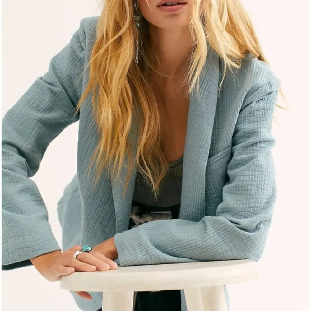FREE PEOPLE Rowan Double Breasted Gauze Oversized Blazer Sage Blue Sz M {P28}